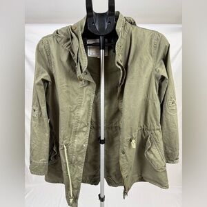 Vintage Olive Utility Jacket Hooded Military Style Anorak Drawstring Waist